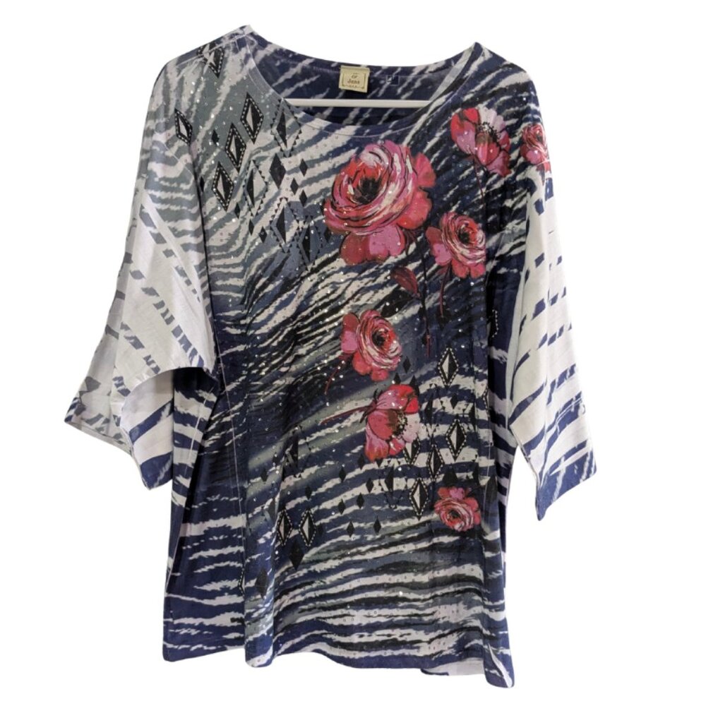 Jess & Jane Women's Navy Diamond 3/4 Sleeve Scoop Neck Top Blue Pink, Size Large